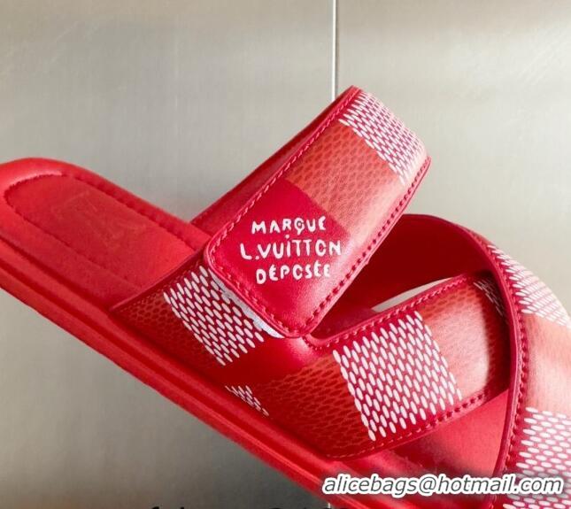 Famous Brand Louis Vuitton Men's LV Venice Flat Slide Sandals in Damier Leather L6094 Red 2024