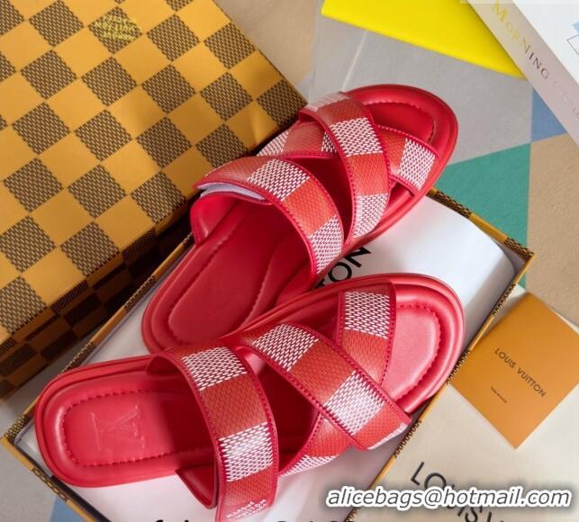 Famous Brand Louis Vuitton Men's LV Venice Flat Slide Sandals in Damier Leather L6094 Red 2024