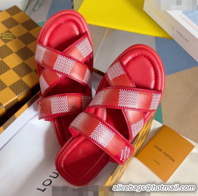 Famous Brand Louis Vuitton Men's LV Venice Flat Slide Sandals in Damier Leather L6094 Red 2024