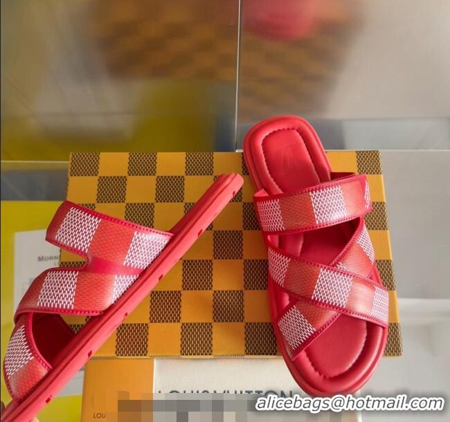 Famous Brand Louis Vuitton Men's LV Venice Flat Slide Sandals in Damier Leather L6094 Red 2024