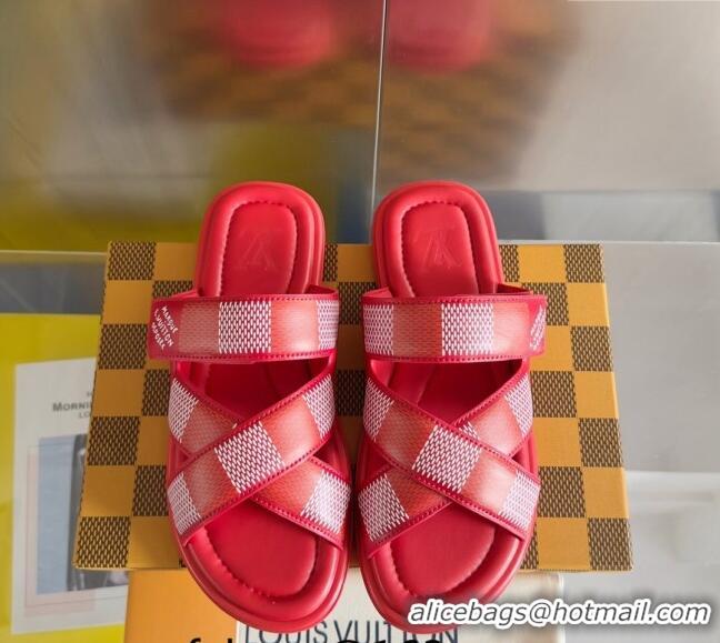 Famous Brand Louis Vuitton Men's LV Venice Flat Slide Sandals in Damier Leather L6094 Red 2024