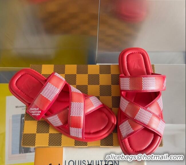 Famous Brand Louis Vuitton Men's LV Venice Flat Slide Sandals in Damier Leather L6094 Red 2024