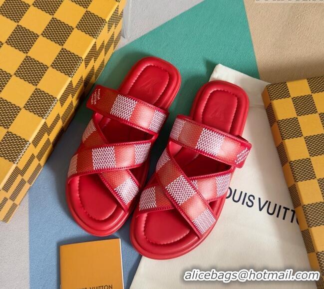 Famous Brand Louis Vuitton Men's LV Venice Flat Slide Sandals in Damier Leather L6094 Red 2024