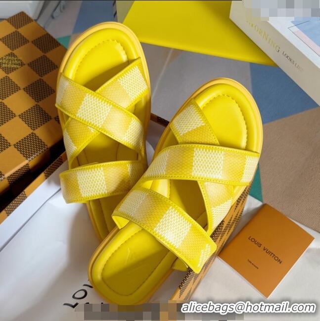 Popular Style Louis Vuitton Men's LV Venice Flat Slide Sandals in Damier Leather L6094 Yellow 2024