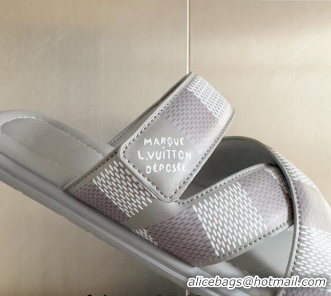 Top Design Louis Vuitton Men's LV Venice Flat Slide Sandals in Damier Leather L6094 Grey 2024