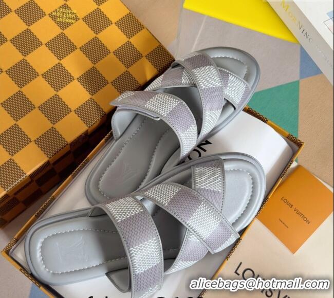 Top Design Louis Vuitton Men's LV Venice Flat Slide Sandals in Damier Leather L6094 Grey 2024