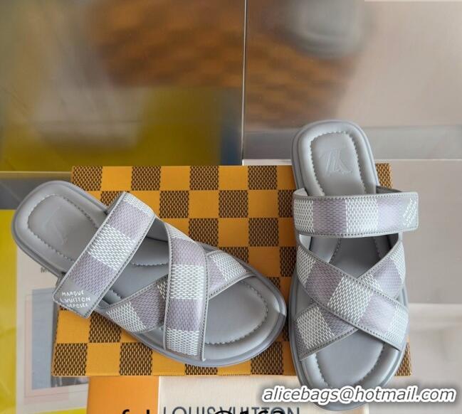 Top Design Louis Vuitton Men's LV Venice Flat Slide Sandals in Damier Leather L6094 Grey 2024