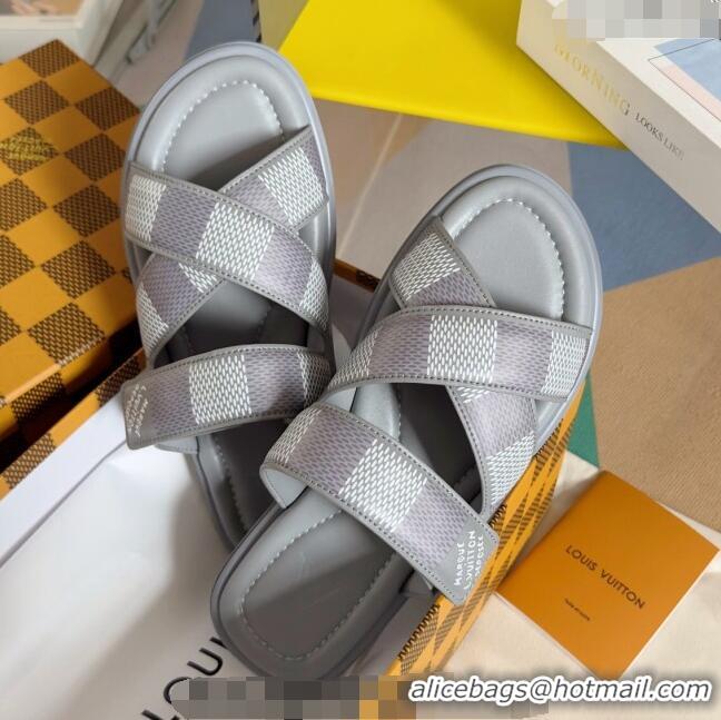 Top Design Louis Vuitton Men's LV Venice Flat Slide Sandals in Damier Leather L6094 Grey 2024