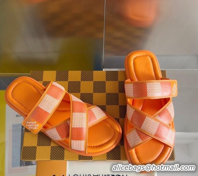 Luxury Cheap Louis Vuitton Men's LV Venice Flat Slide Sandals in Damier Leather L6094 Orange 2024