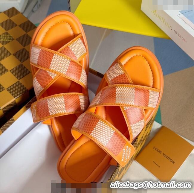 Luxury Cheap Louis Vuitton Men's LV Venice Flat Slide Sandals in Damier Leather L6094 Orange 2024