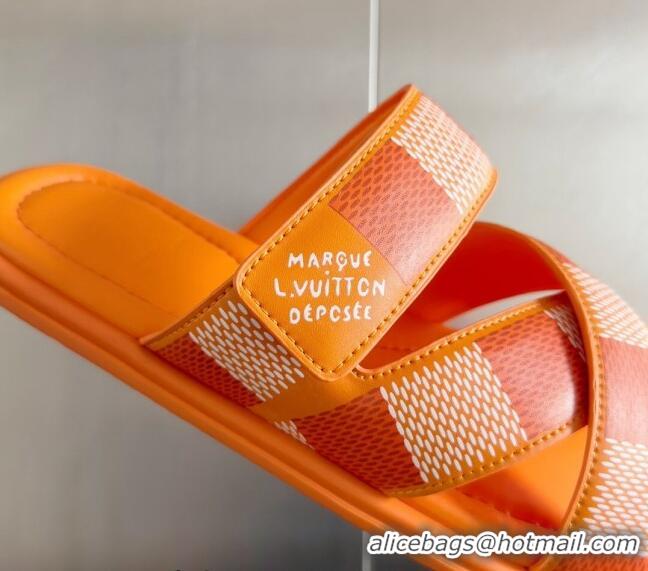 Luxury Cheap Louis Vuitton Men's LV Venice Flat Slide Sandals in Damier Leather L6094 Orange 2024