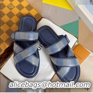 ​Top Quality Louis Vuitton Men's LV Venice Flat Slide Sandals in Damier Leather L6094 Blue 2024