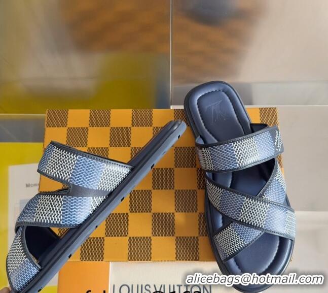 ​Top Quality Louis Vuitton Men's LV Venice Flat Slide Sandals in Damier Leather L6094 Blue 2024