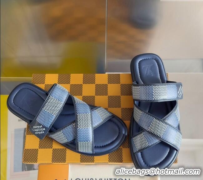 ​Top Quality Louis Vuitton Men's LV Venice Flat Slide Sandals in Damier Leather L6094 Blue 2024