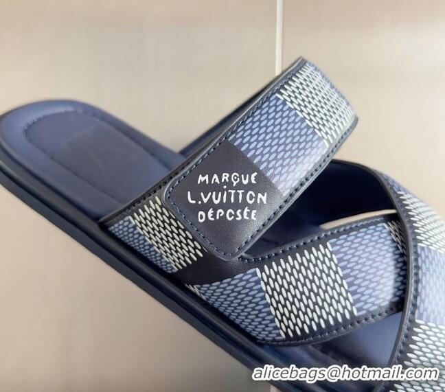 ​Top Quality Louis Vuitton Men's LV Venice Flat Slide Sandals in Damier Leather L6094 Blue 2024