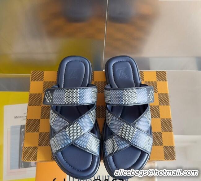 ​Top Quality Louis Vuitton Men's LV Venice Flat Slide Sandals in Damier Leather L6094 Blue 2024