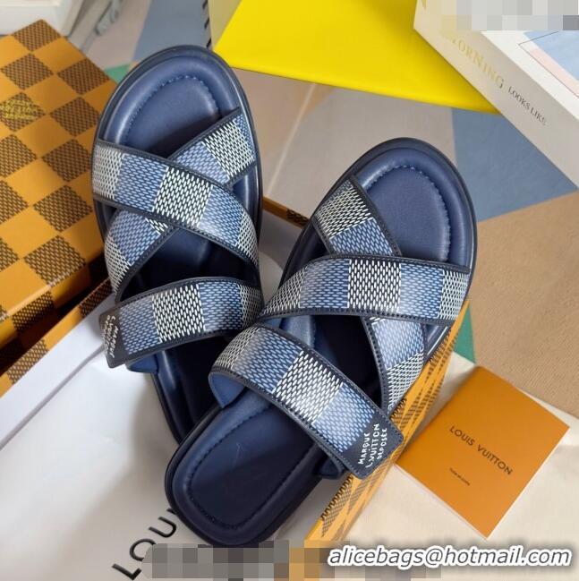 ​Top Quality Louis Vuitton Men's LV Venice Flat Slide Sandals in Damier Leather L6094 Blue 2024