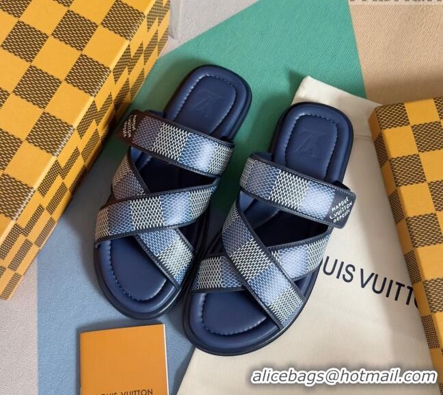 ​Top Quality Louis Vuitton Men's LV Venice Flat Slide Sandals in Damier Leather L6094 Blue 2024