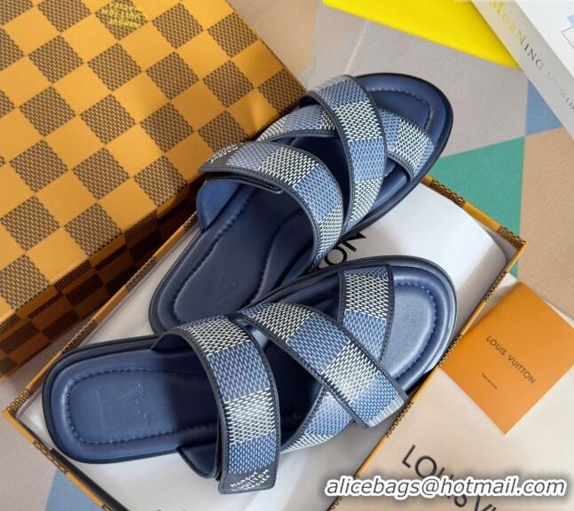 ​Top Quality Louis Vuitton Men's LV Venice Flat Slide Sandals in Damier Leather L6094 Blue 2024