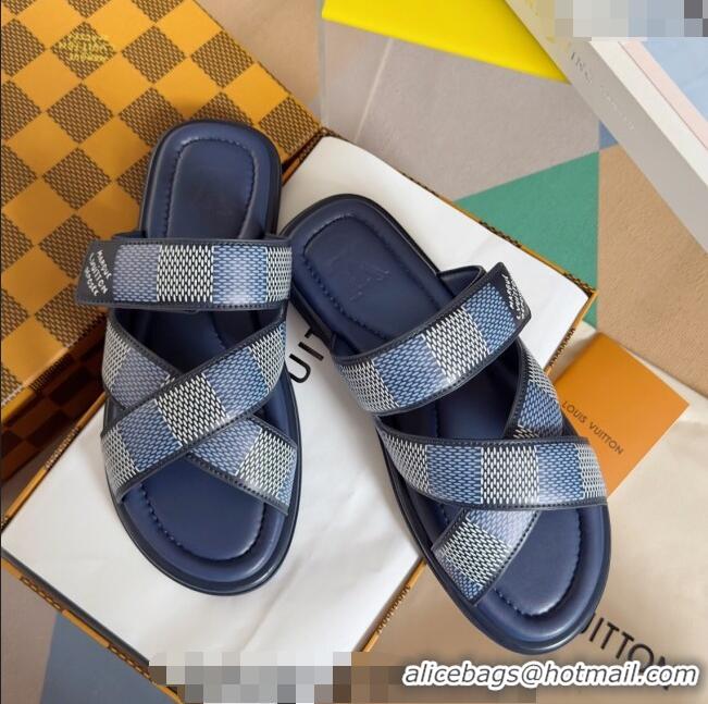 ​Top Quality Louis Vuitton Men's LV Venice Flat Slide Sandals in Damier Leather L6094 Blue 2024