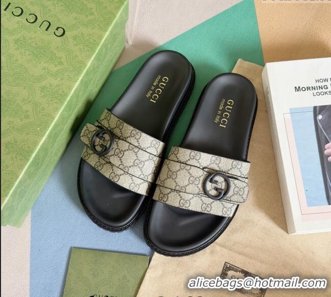 ​Well Crafted Gucci Men's GG Canvas Flat Slide Sandals with Buckle 0427 Beige 2024