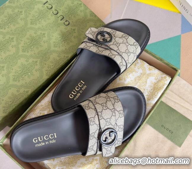 ​Well Crafted Gucci Men's GG Canvas Flat Slide Sandals with Buckle 0427 Beige 2024