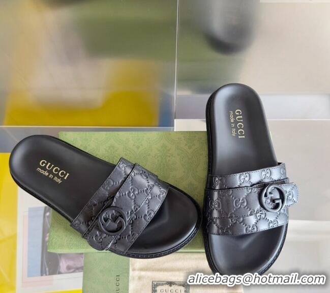 ​Top Design Gucci Men's GG Leather Flat Slide Sandals with Buckle 0427 Black 2024