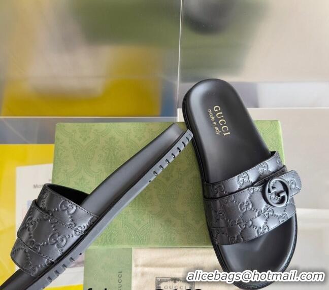 ​Top Design Gucci Men's GG Leather Flat Slide Sandals with Buckle 0427 Black 2024