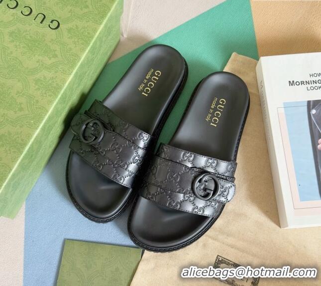 ​Top Design Gucci Men's GG Leather Flat Slide Sandals with Buckle 0427 Black 2024