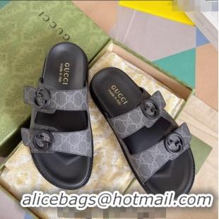 ​Luxury Discount Gucci Men's GG Canvas Flat Slide Sandals 042702 Black 2024