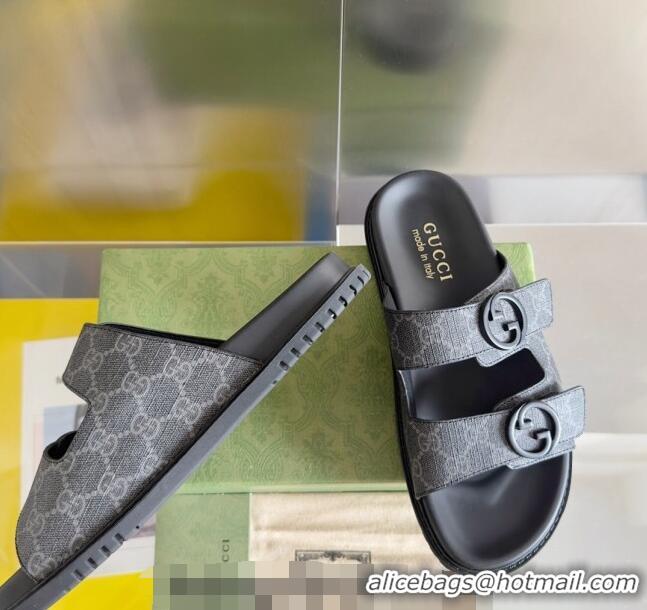 ​Luxury Discount Gucci Men's GG Canvas Flat Slide Sandals 042702 Black 2024