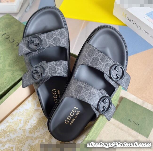 ​Luxury Discount Gucci Men's GG Canvas Flat Slide Sandals 042702 Black 2024