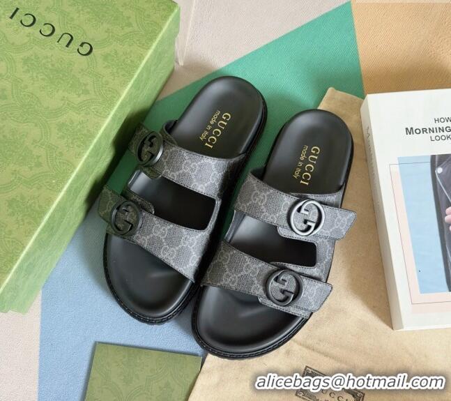 ​Luxury Discount Gucci Men's GG Canvas Flat Slide Sandals 042702 Black 2024