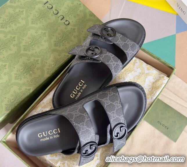 ​Luxury Discount Gucci Men's GG Canvas Flat Slide Sandals 042702 Black 2024