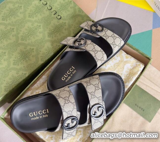 ​Buy Fashionable Gucci Men's GG Canvas Flat Slide Sandals 042702 Beige 2024