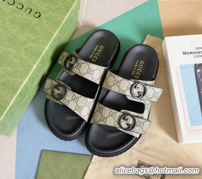 ​Buy Fashionable Gucci Men's GG Canvas Flat Slide Sandals 042702 Beige 2024