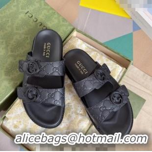 Luxury Cheap Gucci Men's GG Leather Flat Slide Sandals 042702 Black 2024