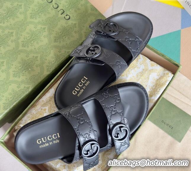 Luxury Cheap Gucci Men's GG Leather Flat Slide Sandals 042702 Black 2024