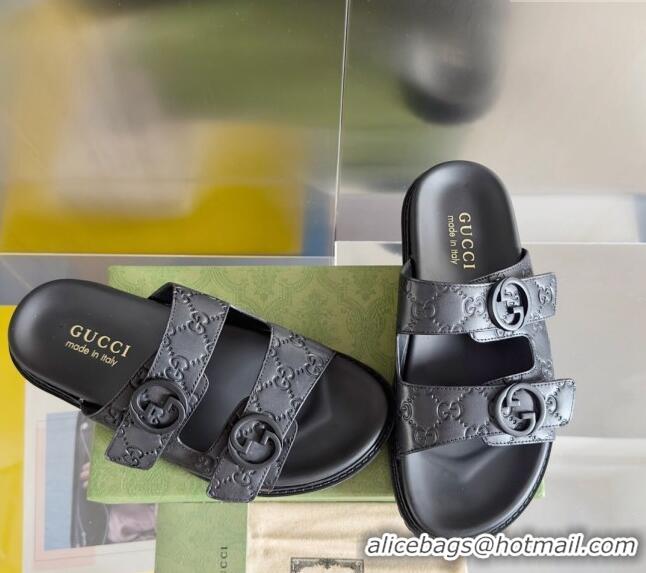 Luxury Cheap Gucci Men's GG Leather Flat Slide Sandals 042702 Black 2024