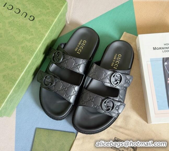 Luxury Cheap Gucci Men's GG Leather Flat Slide Sandals 042702 Black 2024