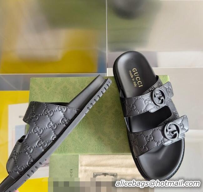 Promotional Gucci Men's GG Leather Flat Slide Sandals with Double Strap 0427 Black 2024