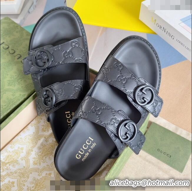 Promotional Gucci Men's GG Leather Flat Slide Sandals with Double Strap 0427 Black 2024