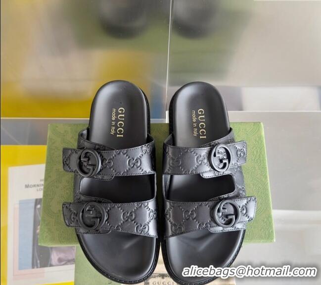 Promotional Gucci Men's GG Leather Flat Slide Sandals with Double Strap 0427 Black 2024