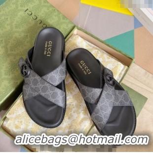 Top Grade Gucci Men's GG Canvas Flat Slide Sandals with Cross Strap 0427 Black 2024