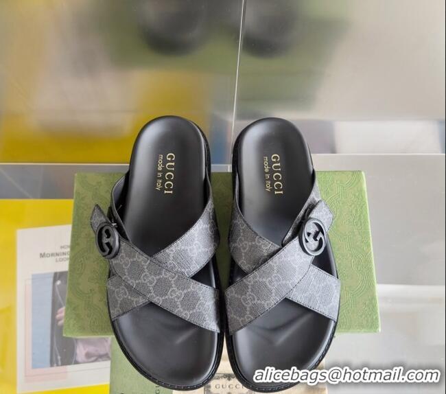 Top Grade Gucci Men's GG Canvas Flat Slide Sandals with Cross Strap 0427 Black 2024