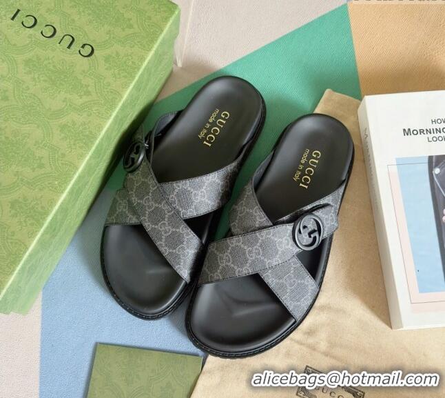 Top Grade Gucci Men's GG Canvas Flat Slide Sandals with Cross Strap 0427 Black 2024