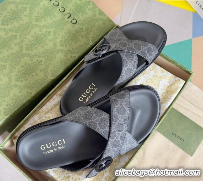 Top Grade Gucci Men's GG Canvas Flat Slide Sandals with Cross Strap 0427 Black 2024