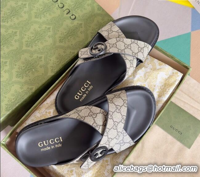 Top Quality Gucci Men's GG Canvas Flat Slide Sandals with Cross Strap 0427 Beige 2024