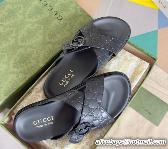 Well Crafted Gucci Men's GG Leather Flat Slide Sandals with Cross Strap 0427 Black 2024