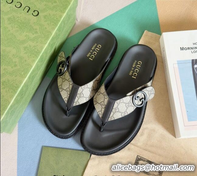 ​Luxurious Gucci Men's GG Canvas Flat Thong Slide Sandals 0427 Beige 2024